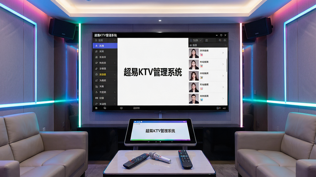 一张展示超易KTV管理系统软件界面的全景图,画面中央是明亮的KTV包厢环境,大屏幕电视上显示着点歌系统主界面,界面中清晰可见“超易KTV管理系统”字样,左侧是歌曲分类导航,右侧是歌曲列表与已点歌曲队列,下方有触摸屏操作台,整体布局简洁专业,风格为写实商业摄影,细节包括霓虹灯带、沙发茶几、麦克风与遥控器,画质高清,画面干净,无多余元素