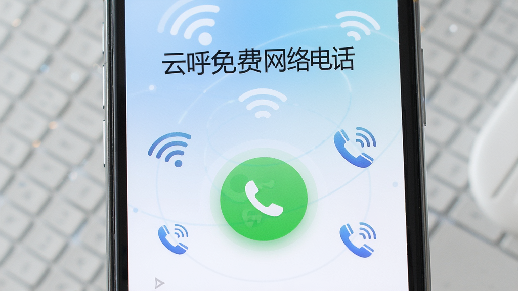主图:一部智能手机屏幕显示“云呼免费网络电话”应用界面,界面中央有醒目的绿色拨号按钮,背景是柔和的蓝白渐变,周围环绕WiFi信号图标与电话听筒图标,整体风格简洁科技感,画面干净,文字清晰可见,画质细腻,无多余元素