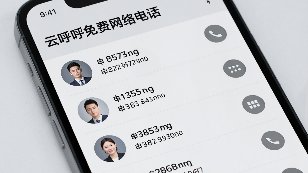 生图:一部手机屏幕特写,显示“云呼免费网络电话”的联系人列表界面,列表中有多个头像和电话号码,右侧有快捷拨号图标,背景是淡灰色,风格简约商务,画面干净,文字清晰,画质细腻