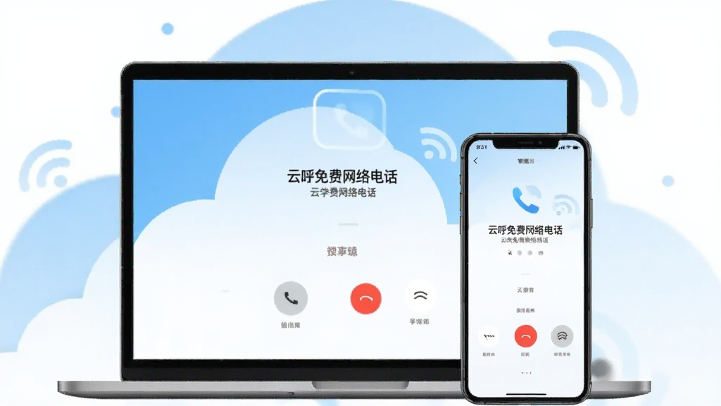生图:画面中央展示一台笔记本电脑和一部手机并排摆放,屏幕上都显示“云呼免费网络电话”的通话界面,背景是抽象云朵与信号波纹图案,主色调为浅蓝与白色,风格清爽简洁,突出云端通话概念,画质干净,无多余元素