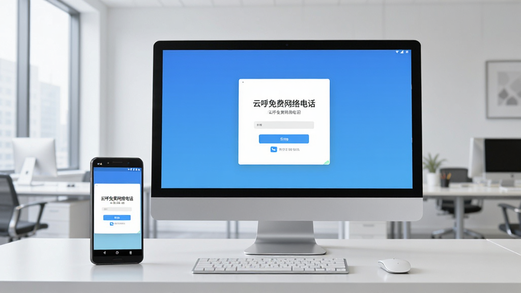 生图:一台台式电脑显示器与一部安卓手机放在同一张桌面上,屏幕均显示“云呼免费网络电话”的登录界面,背景是明亮的办公室环境,风格现代简洁,画质清晰,无多余元素