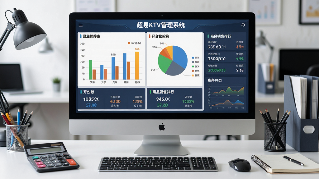 一张KTV办公室内,电脑屏幕上显示“超易KTV管理系统”的营业数据看板,画面中有柱状图、饼图与数字报表,显示营业额、开台数、商品销售排行,旁边有计算器与笔记本,布局为屏幕居中、桌面物品环绕,风格为数据可视化商业风,细节包括图表颜色、数字清晰、鼠标键盘,画质高清,画面干净,无多余元素