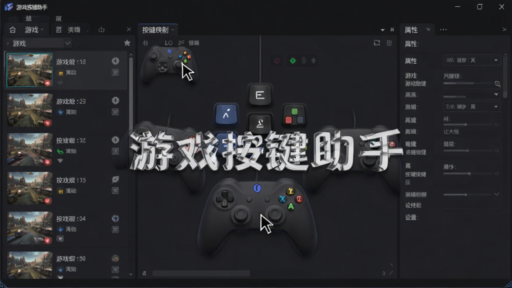 一张展示游戏按键助手软件界面的全景图,主体为软件主窗口,布局分为左侧游戏列表、中间按键映射编辑区、右侧属性设置面板,排版整洁有序,风格为科技感深色主题,细节包含键盘按键图标、鼠标指针、游戏手柄元素、半透明蒙层效果,画质高清,干净无多余元素,画面中标注文字“游戏按键助手”