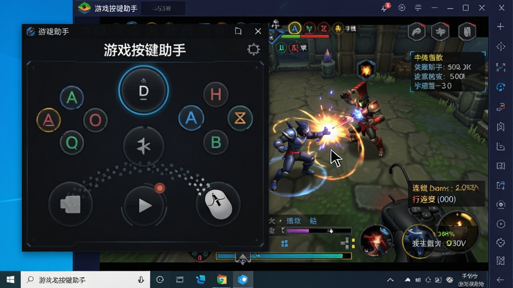 一张展示游戏按键助手在Windows电脑上运行时的操作界面截图,主体为软件悬浮窗与模拟器游戏画面叠加,布局为左侧悬浮控制面板、右侧游戏战斗场景,排版紧凑,风格为暗色科技风,细节包含按键映射高亮框、鼠标指针轨迹、连招触发提示、性能参数浮层,画质高清,干净无多余元素,画面中标注文字“游戏按键助手”