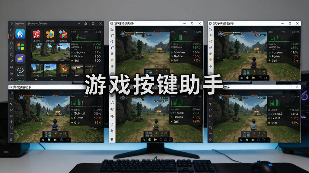 一张展示游戏按键助手兼容性测试场景的图片,主体为多个模拟器窗口并排排列在电脑桌面上,布局为网格状,排版整齐,风格为写实科技风,细节包含不同模拟器图标、游戏画面缩略图、性能监控数据浮层,画质高清,干净无多余元素,画面中标注文字“游戏按键助手”