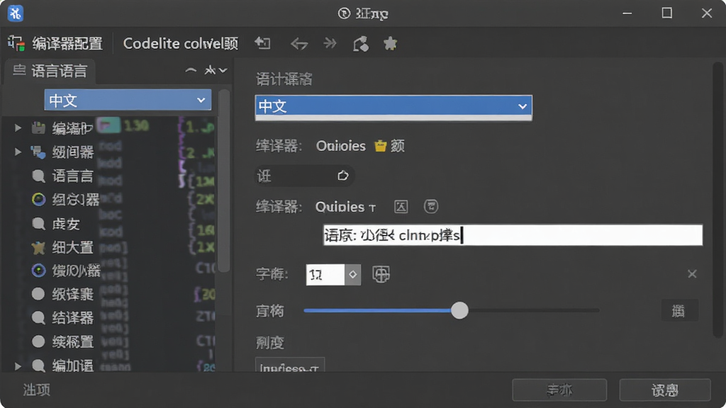 CodeLite软件设置界面中文语言选项与编译器配置面板,主体是IDE设置窗口,布局为左侧分类列表、右侧详细选项,排版清晰易读,风格为现代软件设置界面,细节上显示语言下拉菜单选中中文、编译器路径输入框、字体大小调节滑块,画质高清,干净,无多余元素