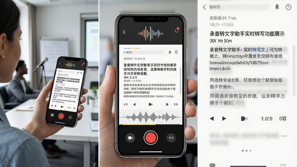 录音转文字助手实时转写功能展示,画面中一位用户正在使用手机对着会议场景录音,手机屏幕上同步显示文字内容,主体突出手机界面与录音波形,布局为左中右三分法,左侧为录音场景,中间为手机特写,右侧为文字输出示意,风格写实科技感,细节包括声波图标、文字段落、时间戳,画质高清,干净,无多余元素