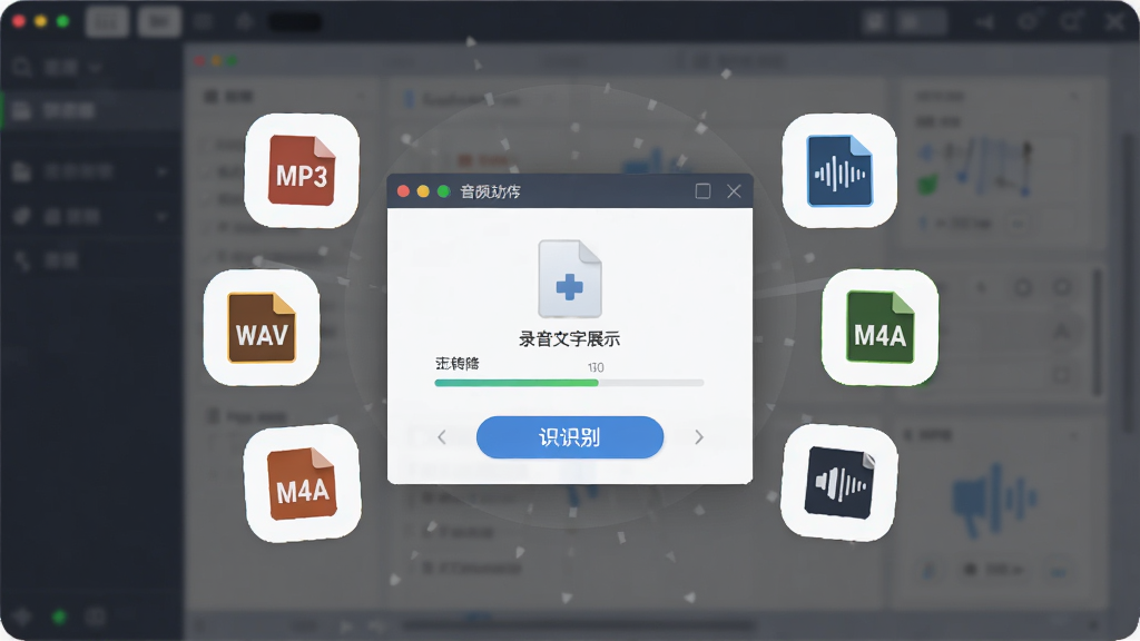 录音转文字助手音频导入识别功能展示,画面中央为文件导入窗口,周围环绕多种音频格式图标,主体为软件操作界面,布局为居中放射状,风格简洁商务,细节包括MP3、WAV、M4A格式标识、上传进度条、识别按钮,画质高清,干净,无多余元素