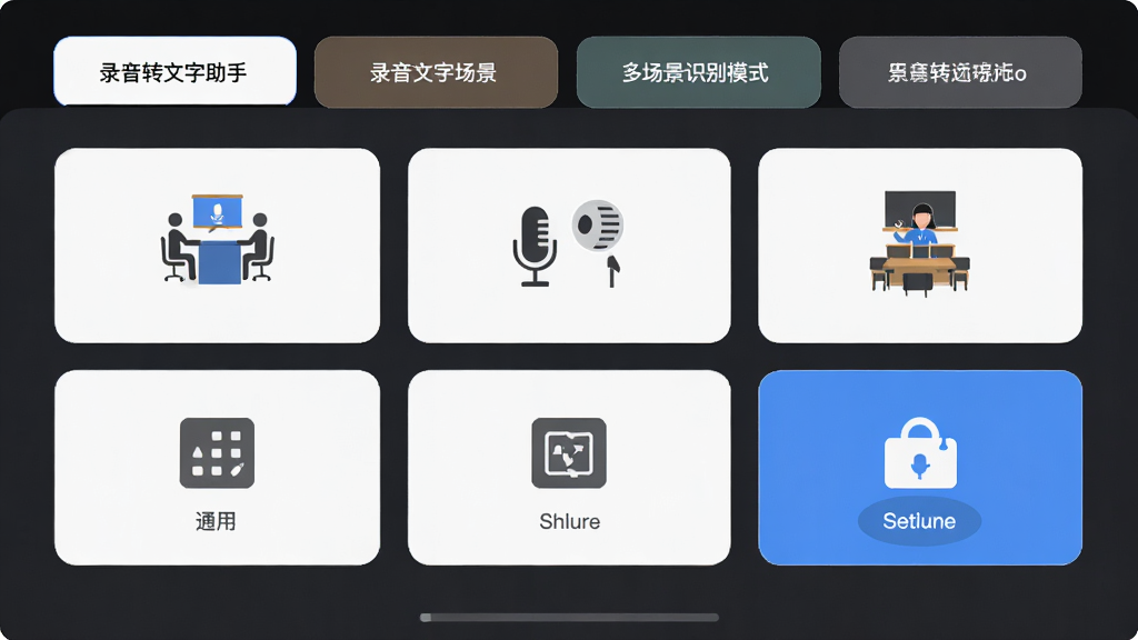 录音转文字助手多场景识别模式切换界面,画面展示多个场景选项卡,主体为模式选择面板,布局为网格排列,风格扁平化设计,细节包括会议图标、采访图标、课堂图标、通用图标、选中高亮状态,画质高清,干净,无多余元素