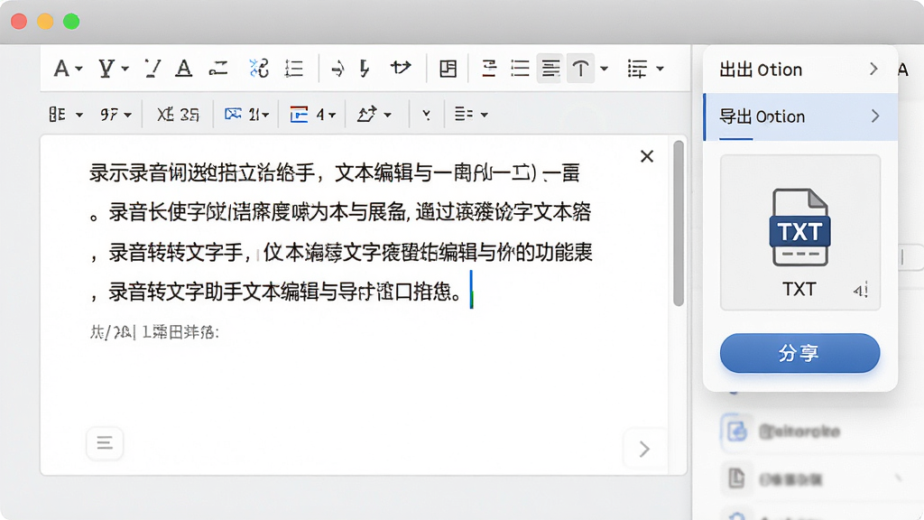 录音转文字助手文本编辑与导出功能展示,画面中央为文字编辑框,右侧为导出选项菜单,主体为编辑界面,布局为左右分栏,风格现代办公风,细节包括光标、编辑工具栏、TXT图标、分享按钮,画质高清,干净,无多余元素