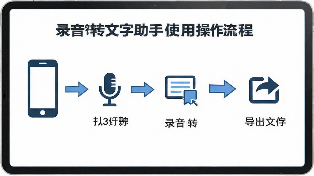 录音转文字助手使用操作流程图,画面以步骤形式展示从打开软件到录音转写再到导出文字的全过程,主体为流程示意图,布局为横向流程图,风格简洁明快,细节包括手机图标、麦克风图标、文字图标、导出图标、箭头连接,画质高清,干净,无多余元素
