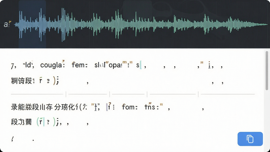 录音转文字助手智能分段标点优化界面,画面展示一段整齐的文字段落,标点符号清晰可见,主体为文字编辑区域,布局为上下结构,上方为音频波形,下方为分段文字,风格清新简约,细节包括逗号、句号、分段线、复制按钮,画质高清,干净,无多余元素