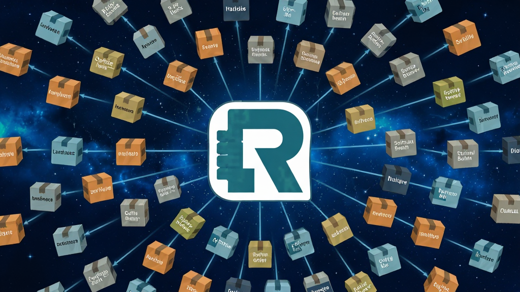 一幅展示R语言扩展包生态的图片。画面主体是R语言标志与大量漂浮的包裹图标。布局采用中心辐射式构图,R语言标志位于正中,无数小包裹向四周扩散。排版动感十足,风格为科技感扁平插画。细节包括每个包裹上标注着不同的包名、连接线代表依赖关系、背景为深蓝色星空。画质高清,画面干净,无多余元素。