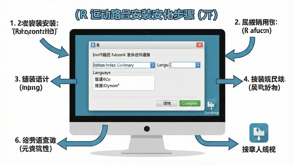 一幅展示R语言安装步骤的示意图。画面主体是一台电脑屏幕,显示R语言安装向导界面。布局采用居中构图,屏幕位于画面中央,周围有箭头标注各个步骤。排版清晰直观,风格为教程类扁平插画。细节包括安装路径选择框、语言下拉菜单、完成按钮、桌面快捷方式图标。画质高清,画面干净,无多余元素。