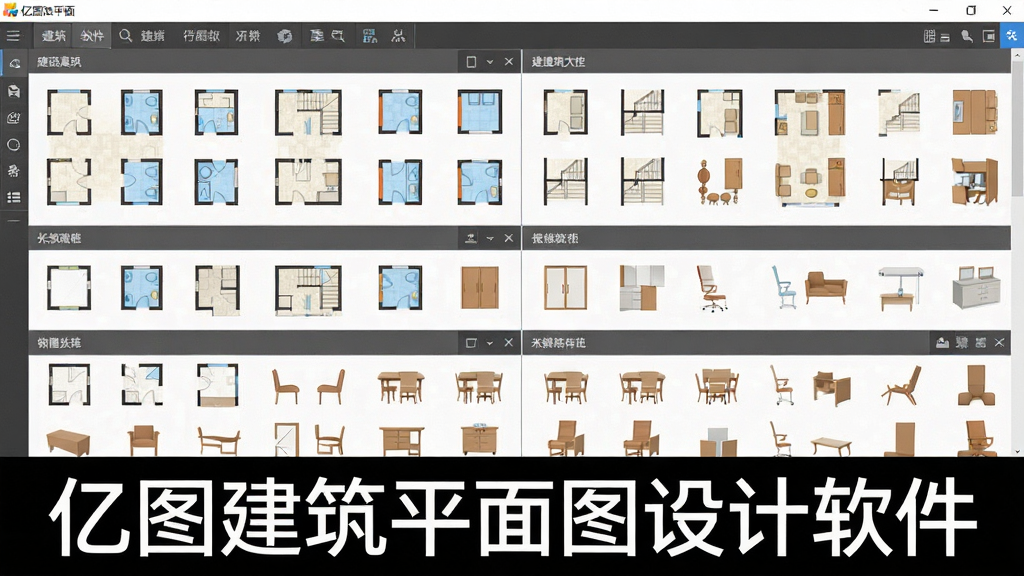 主体为亿图建筑平面图设计软件的符号素材面板,布局为网格状图标排列,排版按建筑类别分组展示,风格为扁平化设计,细节包括墙体、门窗、楼梯、家具等矢量图标,画质清晰干净,画面中带有“亿图建筑平面图设计软件”字样