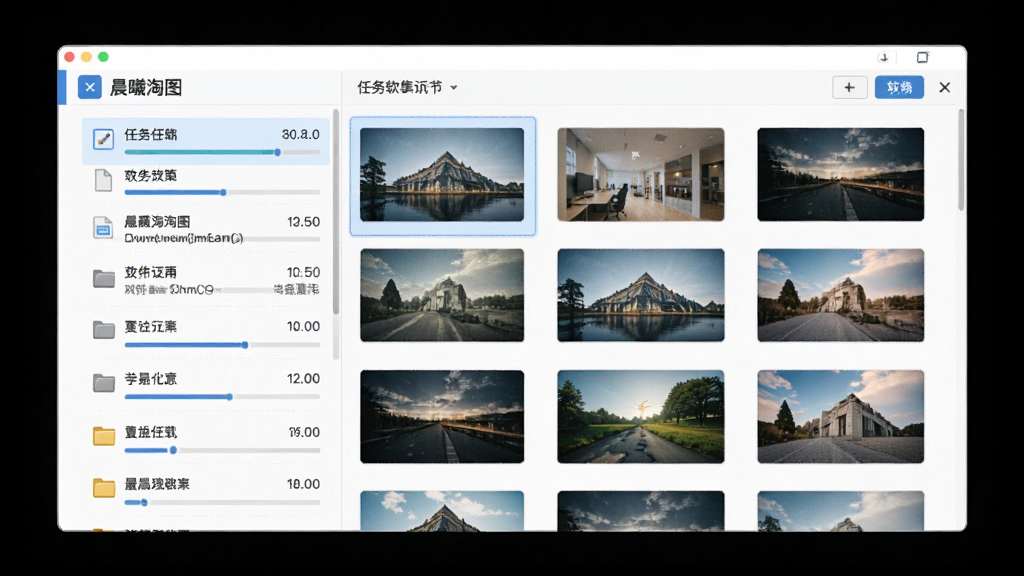 一张软件功能展示图,主体是晨曦淘图批量下载界面,布局为左侧任务列表、右侧缩略图预览,排版展示多张图片同时下载的状态,风格为清爽商务风,细节包括进度条、文件名、文件夹图标,画质高清,干净,无多余元素
