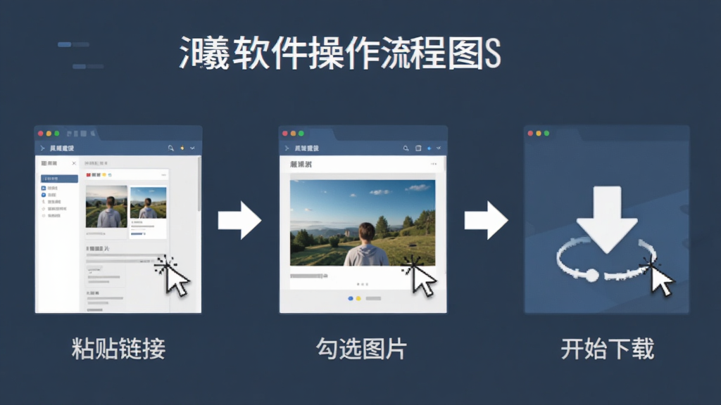 一张晨曦淘图软件操作流程图,主体为软件界面与操作步骤示意,布局为横向三步流程,排版从左到右依次为粘贴链接、勾选图片、开始下载,风格为扁平化教学风,细节包括箭头、鼠标指针、界面缩略图,画质高清,干净,无多余元素
