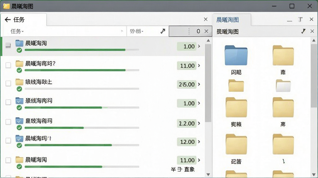 一张电脑屏幕截图,主体为晨曦淘图软件下载管理界面,布局为左侧任务队列、右侧文件夹预览,排版展示多个下载任务完成状态,风格为简洁工具风,细节包括进度条、文件夹图标、完成标记,画质高清,干净,无多余元素