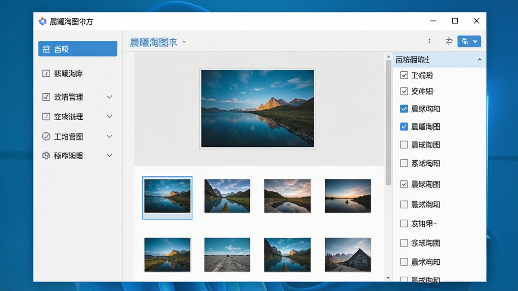 一张电脑桌面软件界面截图,主体是晨曦淘图软件主窗口,布局左侧为功能导航栏,右侧为图片预览与下载列表,排版清晰整齐,风格为现代简约科技风,细节包括按钮、复选框、缩略图网格,画质高清,干净,无多余元素