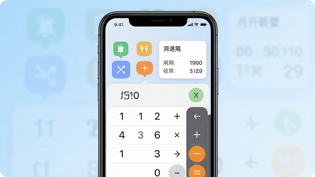 记账计算器软件主界面展示,画面中央放置一部智能手机,屏幕显示简洁的记账计算器应用界面,包含数字键盘、收支分类图标与月度汇总卡片,背景为浅蓝色渐变,布局干净有序,风格现代简约,细节清晰,画质高清,无多余元素