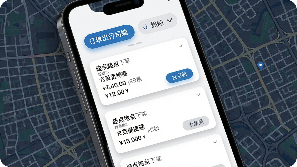 一张展示携华出行司机端极速版订单推送界面的图片,画面中手机屏幕显示多个订单卡片,卡片上标注起点终点和金额,屏幕上方有筛选按钮,背景为城市地图网格,布局清晰有序,风格为现代简约风,细节包括卡片阴影、按钮高亮、地图纹理,画质高清,干净,无多余元素