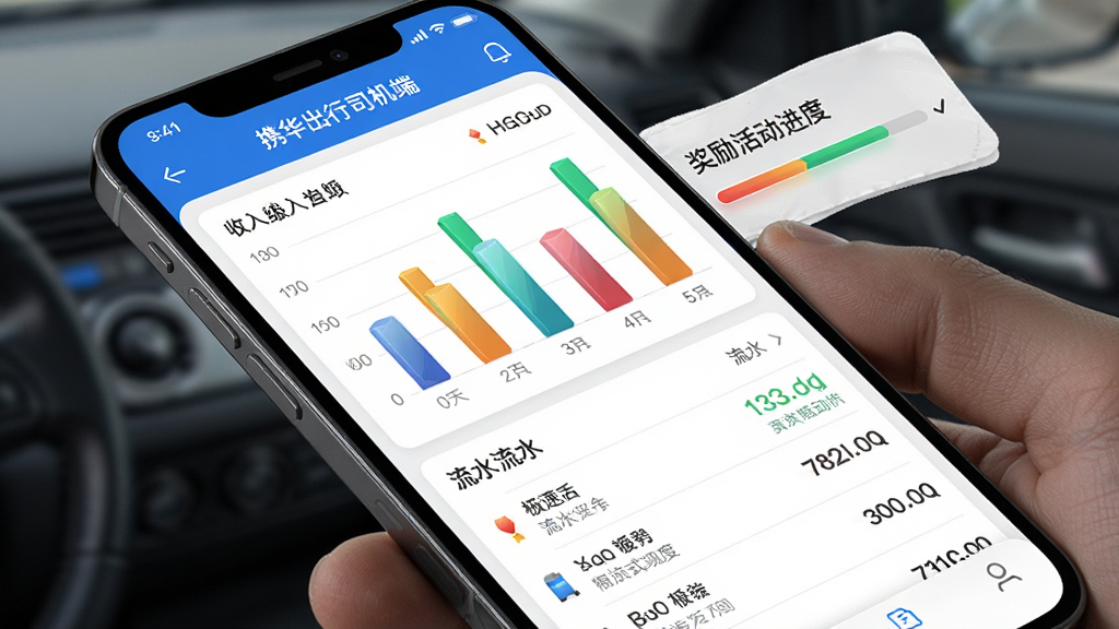 一张展示携华出行司机端极速版收入统计页面的图片,手机屏幕显示柱状图和流水列表,图表颜色鲜明,旁边有奖励活动进度条,布局为上下结构,风格为数据可视化风,细节包括数字清晰、图表立体、背景干净,画质高清,干净,无多余元素