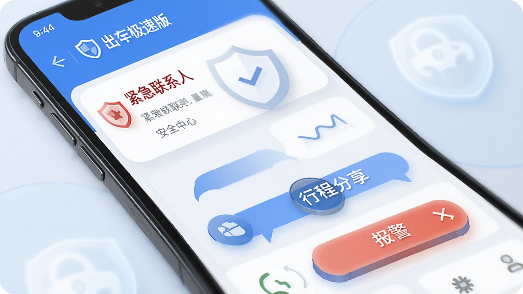 一张展示携华出行司机端极速版安全中心界面的图片,手机屏幕显示紧急联系人、行程分享和报警按钮,界面以蓝色安全色调为主,布局简洁,风格为安全防护风,细节包括盾牌图标、按钮立体感、背景柔和,画质高清,干净,无多余元素