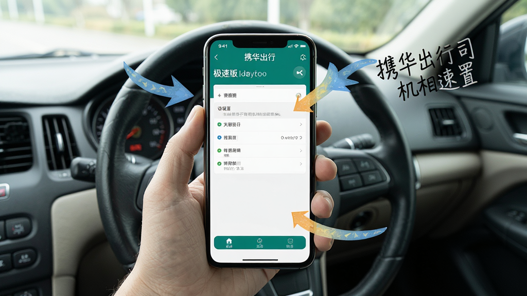 一张展示新手司机在车内查看手机接单教程的图片,画面中手机屏幕显示携华出行司机端极速版的设置界面,旁边有提示箭头和文字标注,布局以手机为中心,风格为教程图解风,细节包括界面清晰、标注醒目、车内环境简洁,画质高清,干净,无多余元素