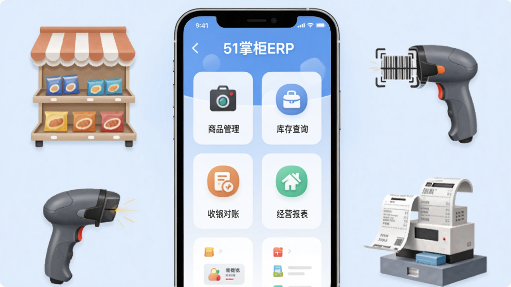 手机屏幕中央展示“51掌柜ERP”应用主界面,背景为浅蓝色渐变,界面中可见商品管理、库存查询、收银对账、经营报表等模块图标,周围环绕小型店铺货架、扫码枪、收银小票等元素,整体布局居中对称,风格为扁平化商务插画,细节清晰干净,画质高清,无多余装饰元素