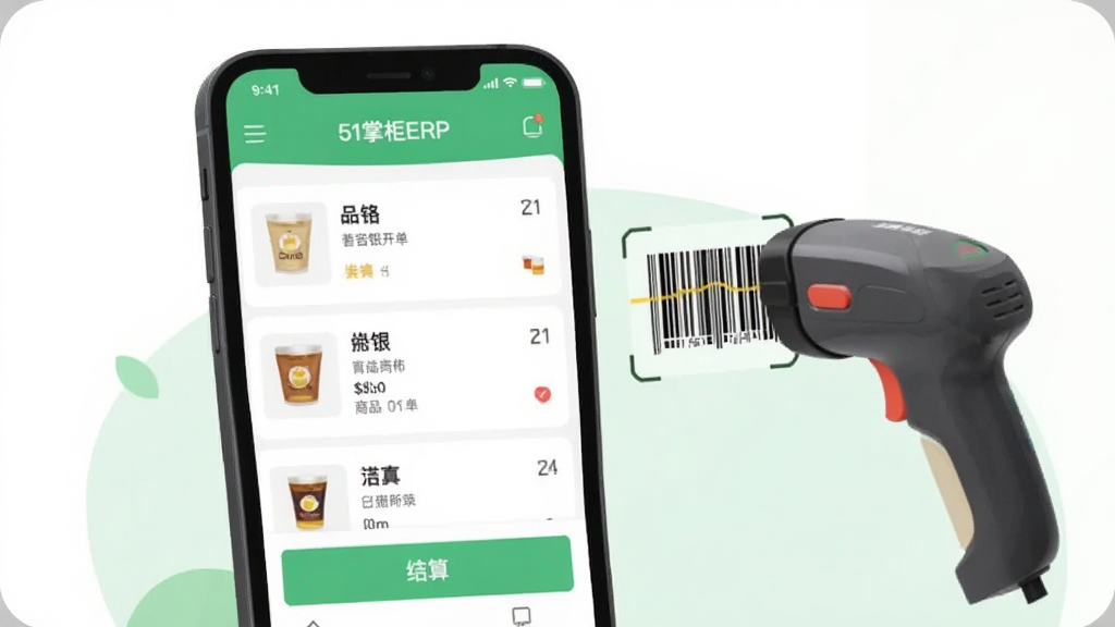 手机界面展示“51掌柜ERP”收银开单页面,屏幕中央有商品列表与结算按钮,旁边有扫码枪扫描商品条码的示意,背景为简洁的白色与浅绿色搭配,风格为现代扁平化UI插画,细节清晰,画质干净,无多余元素