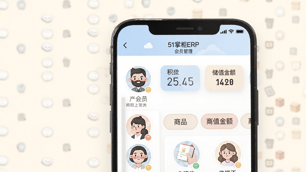 手机界面展示“51掌柜ERP”会员管理页面,屏幕中有会员头像列表、积分数字和储值金额,旁边有商品分类标签,背景为柔和的米白色,风格为清新扁平插画,细节清晰,画质干净,无多余元素