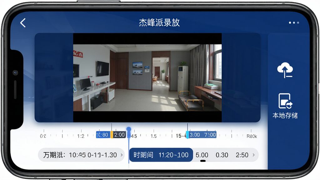 手机屏幕中展示杰峰派录像回放功能界面,画面主体为时间轴选段面板,上方是回放画面,下方是日期与时间段选择条,屏幕右侧有云存储与本地存储的切换图标,整体UI以深蓝与白色为主色调,布局清晰分区明确,细节上时间轴带有刻度与录像片段高亮标记,画质高清干净,无多余元素
