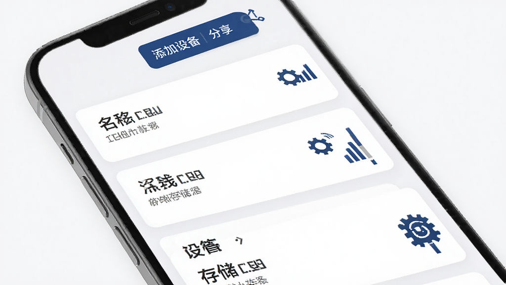 杰峰派设备管理界面截图风格,手机屏幕展示设备列表,每台设备带有名称、在线状态、设置齿轮图标,屏幕上方有添加设备与分享按钮,整体采用卡片式布局,浅色背景搭配深蓝强调色,细节上设备卡片显示信号强度与存储状态,画质高清干净,无多余元素