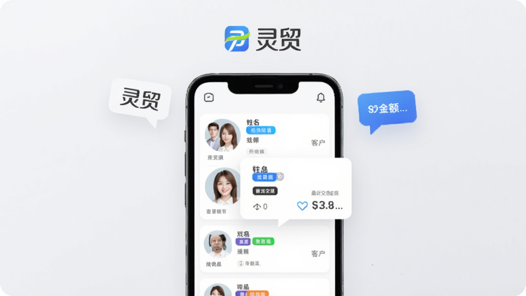 灵贸软件的客户管理界面,一部手机展示客户列表和详情卡片,卡片上有头像、姓名标签和最近交易金额,背景是柔和的浅灰色,画面中漂浮着“灵贸”logo和对话气泡,风格为现代简约商务风,布局居中,细节上标签颜色分明,画质干净清晰