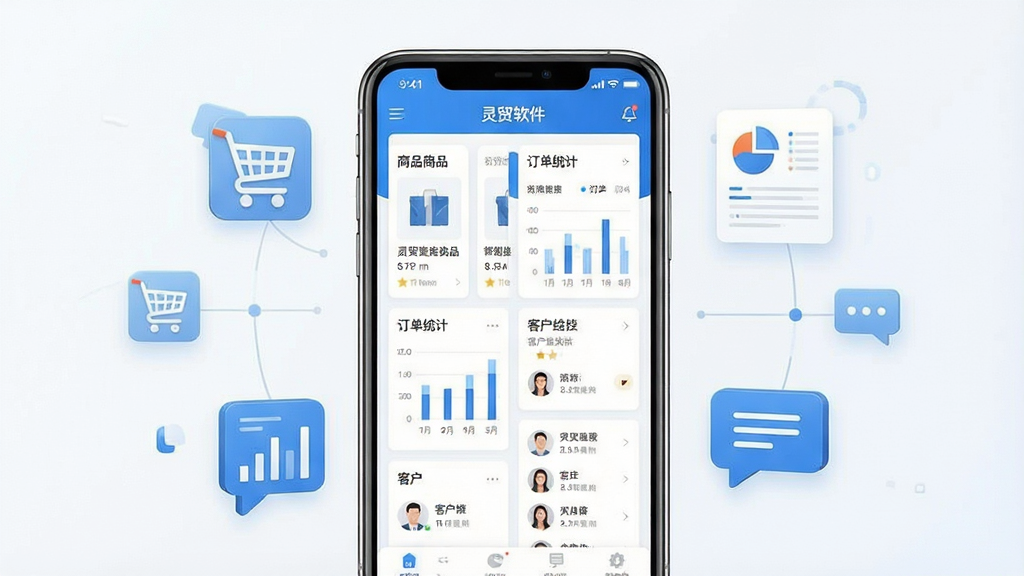 一张展示灵贸软件主界面的手机应用场景图,画面中央是一部现代智能手机,屏幕上显示灵贸APP的仪表盘页面,包含商品卡片、订单统计图表和客户列表等模块,手机周围环绕着悬浮的购物车、数据报表和聊天气泡等扁平化图标,采用简洁明亮的商务蓝与白色配色,布局居中对称,风格为扁平化科技感,细节上强调屏幕内UI的清晰度与图标质感,画质清晰干净,无多余元素