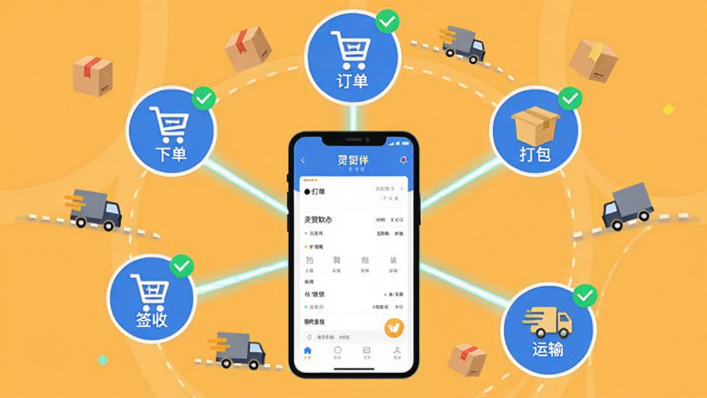 灵贸软件的订单跟踪流程图,画面以手机屏幕为中心,向外延伸出下单、打包、发货、运输、签收五个圆形图标节点,节点之间用发光线条连接,手机屏幕内显示灵贸的订单详情页,周围点缀小包裹和卡车图标,风格为扁平插画,布局呈放射状,细节上每个节点带有状态勾选标记,画质清晰,无多余装饰