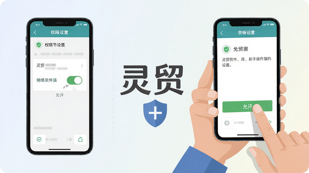 灵贸软件新手操作指引图,画面左侧是一部手机展示灵贸的权限设置页面,右侧是手持手机的用户手指点击“允许”按钮的特写,背景为浅色渐变,画面中央有“灵贸”文字和盾牌安全图标,风格为扁平化说明图,布局左右分栏,细节上突出权限开关和提示文字,画质清晰干净