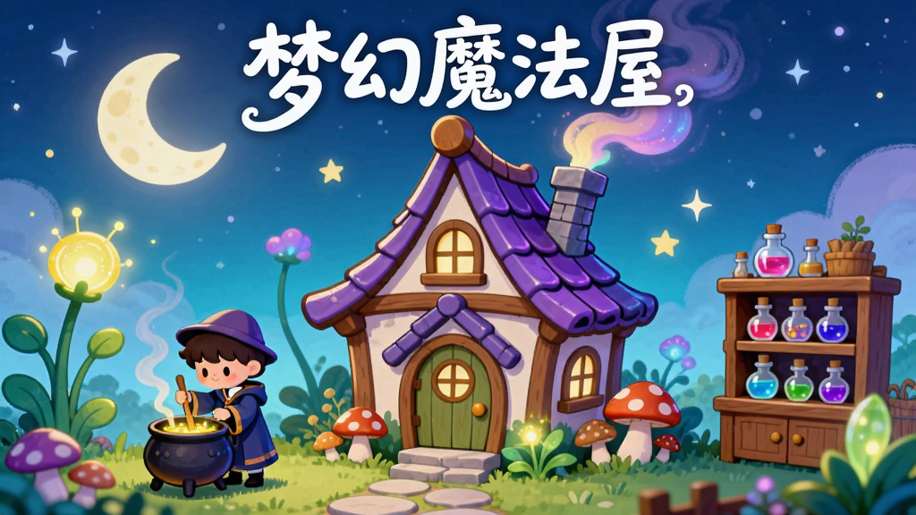一幅以梦幻魔法屋为主题的卡通风格插画,画面中央是一座两层高的尖顶魔法小屋,屋顶覆盖着紫色瓦片,烟囱冒着彩色烟雾,小屋周围种植着发光的魔法植物和蘑菇,门前有一条石板小路,画面左侧有一位穿着魔法袍的小学徒正在搅拌坩埚,右侧摆放着装满药水的架子,背景是星空和一轮弯月,整体风格为清新治愈的卡通手绘风,色彩明亮柔和,细节丰富,画质高清干净,无多余元素,图片上方用白色花体字写着“梦幻魔法屋”