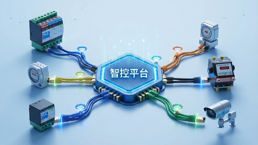 一幅展示智控平台多协议接入能力的AI图片。画面主体是一个发光的数字枢纽,枢纽上标有“智控平台”字样。从枢纽向外延伸出多条不同颜色的数据线,分别连接着PLC控制器、温湿度传感器、智能电表和网络摄像头。布局采用左右对称的树状结构,风格为科技蓝调,细节上线缆纹理清晰,接口处有光晕效果。画质清晰,背景简洁,无杂乱元素。