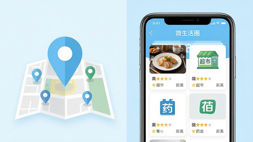 一张微生活圈周边商家推荐功能的AI生图,画面主体为一部手机展示微生活圈APP的商家列表页面,页面中排列着餐饮、超市、药店等商家卡片,每个卡片带有评分和距离标注,手机左侧浮现一个放大的地图定位图标,地图上标注多个商家点位,布局采用左右分栏构图,手机居右、地图图标居左,风格为清新扁平化设计,细节上手机屏幕顶部显示