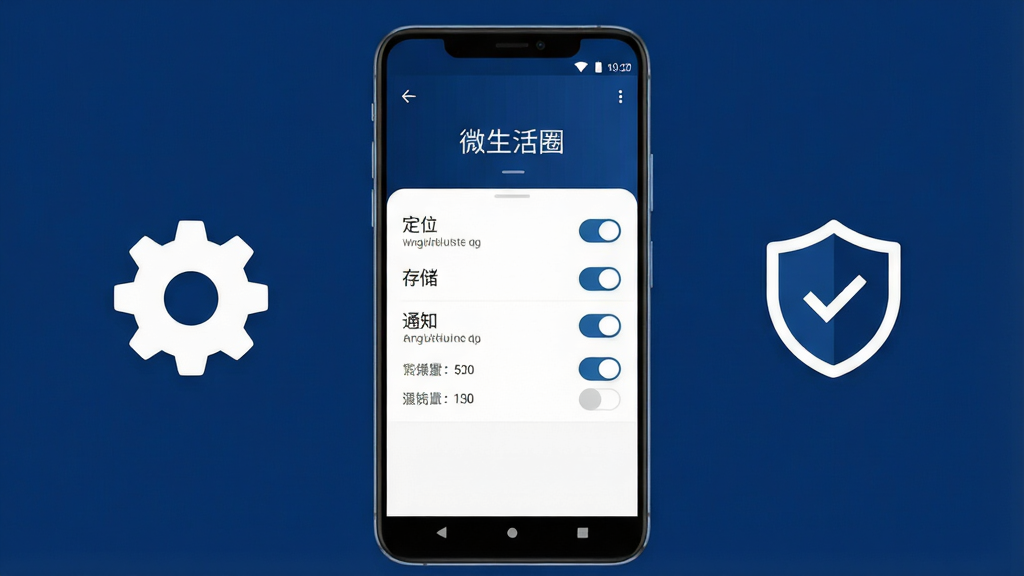 一张微生活圈安装与设置操作的示意图,画面展示一部安卓手机屏幕上显示微生活圈的权限设置页面,包含定位、存储、通知等权限开关,手机旁边有一个齿轮图标和一个盾牌安全图标,布局采用手机居中、图标两侧分布的构图,风格为科技简约风格,细节上屏幕内文字标注