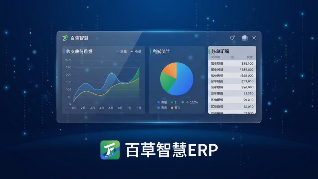 百草智慧ERP智能财务对账功能展示图,画面中央是一块悬浮的半透明数据面板,面板上显示收支折线图、利润统计饼图与账单明细列表,面板下方是百草智慧ERP的软件Logo和文字标识,背景为深蓝色渐变科技感空间,有细小的数据粒子漂浮,整体风格现代简洁,画质清晰,干净,无多余元素