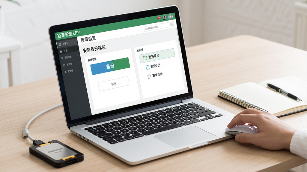 百草智慧ERP安装设置与数据备份操作示意场景,画面中一台笔记本电脑屏幕上显示百草智慧ERP的系统设置页面,页面中有备份按钮和数据导出选项,旁边有一只手正在点击鼠标,桌上放着一个移动硬盘和一本记事本,背景为浅色木质桌面,风格写实简洁,画质清晰,干净,无多余元素