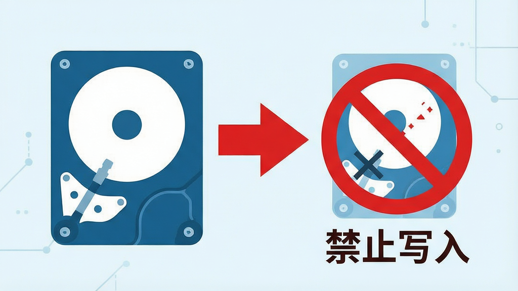 一张形象化的数据恢复注意事项示意图,画面以简洁的扁平化风格绘制,左侧是一个硬盘图标,右侧是一个带有红色禁止符号的箭头指向硬盘,下方有一行文字“禁止写入”。整体配色以警示性的红色和冷静的蓝色为主,构图清晰直接,画质干净,无多余元素,用于强调数据丢失后停止写入的重要性。
