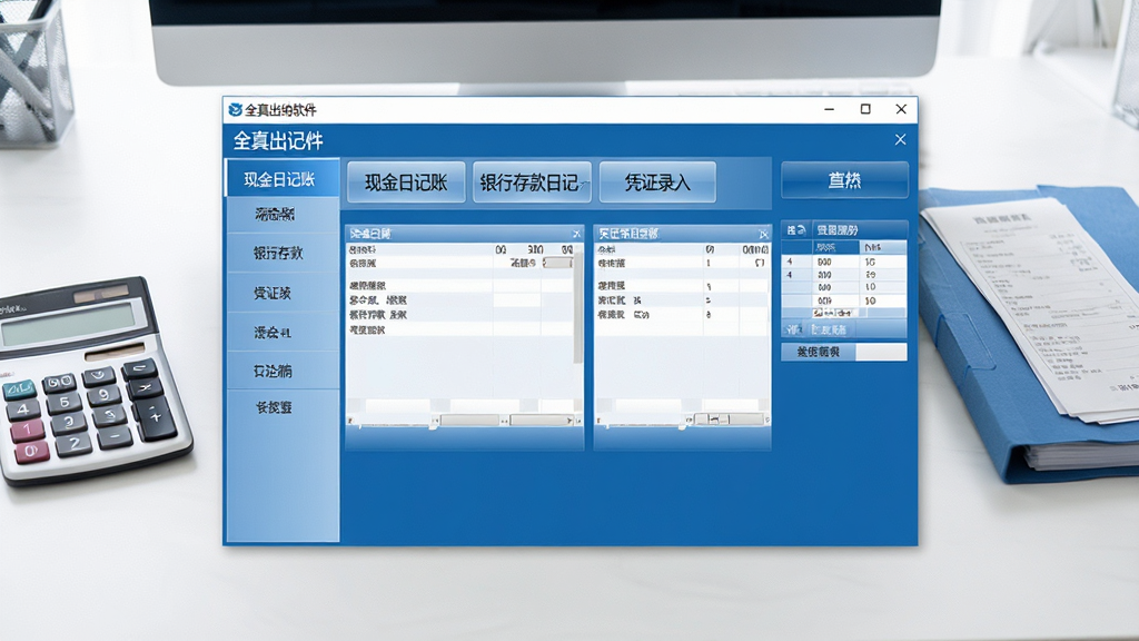 一张展示全真出纳软件主界面的图片,画面中央是软件操作窗口,窗口内包含现金日记账、银行存款日记账、凭证录入等菜单按钮,界面风格简洁商务,背景为干净办公室桌面,旁边放置计算器和票据夹,整体色调以蓝色和白色为主,画质清晰,干净无多余元素
