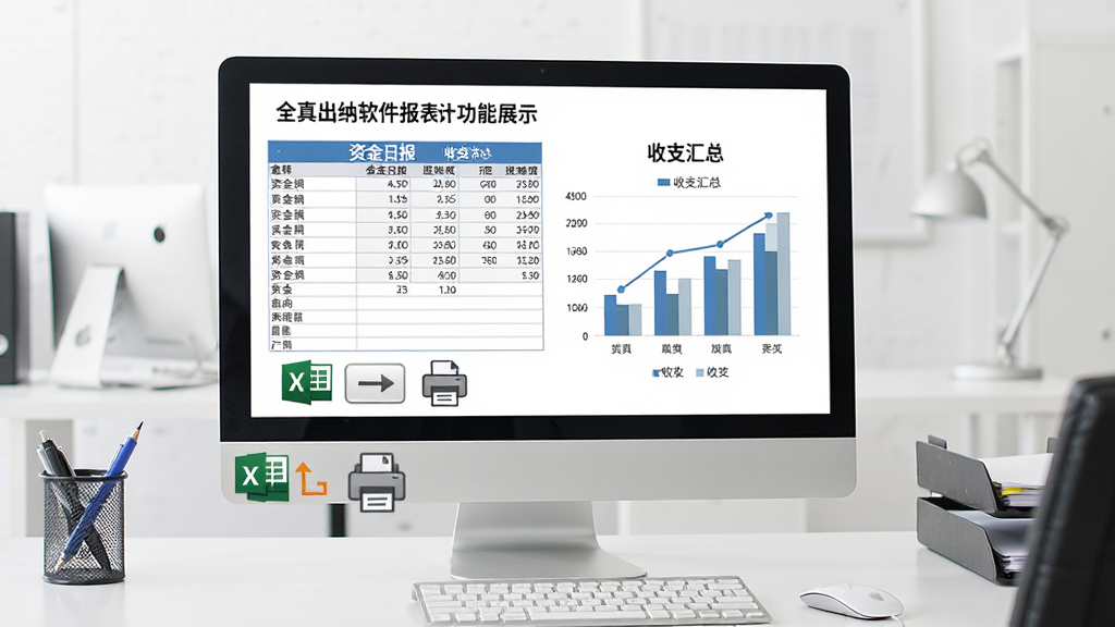 全真出纳软件报表统计功能展示图,画面中电脑屏幕上显示资金日报表和收支汇总图表,旁边有Excel导出按钮和打印图标,背景为整洁的财务办公桌,风格商务简约,画质清晰,干净无多余元素