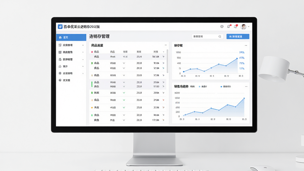 一张展现百卓优采云进销存2022版软件界面的整体效果图,主体为电脑屏幕上显示进销存管理系统的仪表盘页面,包含商品列表、库存数量、销售趋势图表等模块,布局采用左右分栏结构,左侧为功能导航菜单,右侧为数据看板,排版整齐清晰,风格为现代简约商务风,细节上屏幕边框窄边设计,桌面干净无杂物,画质高清,整体干净,无多余元素
