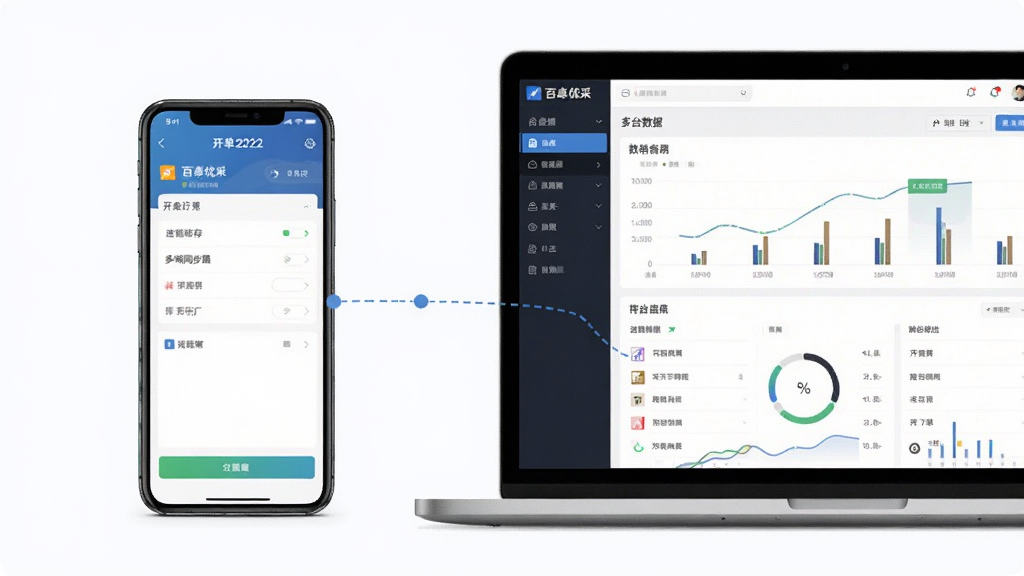 一张展示百卓优采云进销存2022版多端同步使用的合成图,主体为一部手机和一台笔记本电脑并排摆放,手机屏幕显示进销存移动端开单界面,电脑屏幕显示后台数据看板,布局为对角线构图,排版中设备边缘清晰,风格为科技商务感,细节上两台设备之间用虚线连接暗示数据同步,画质高清,背景干净,无多余元素