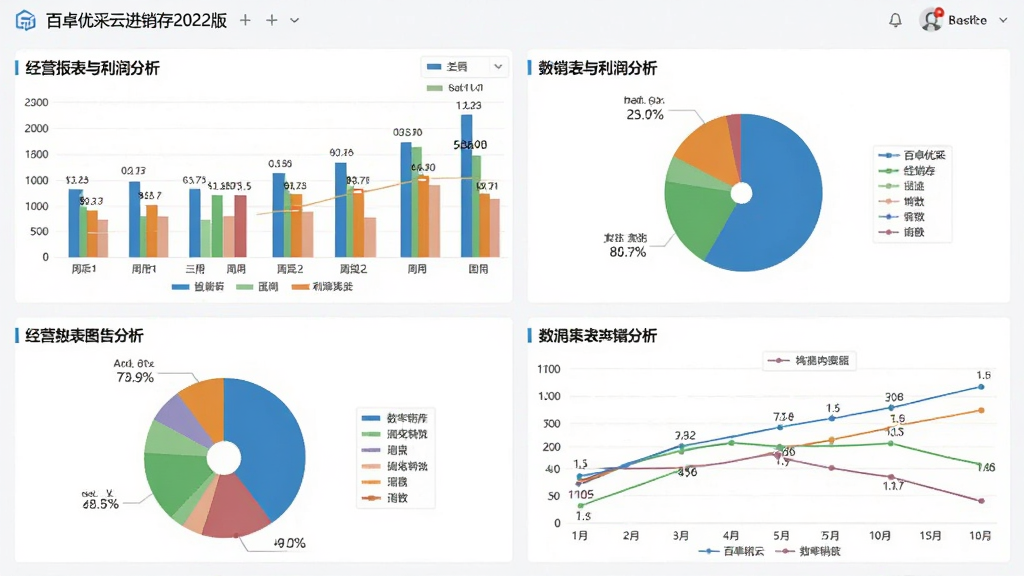 一张展示百卓优采云进销存2022版经营报表与利润分析图表的图片,主体为软件中的数据可视化页面,包含柱状图、饼图和折线图三种图表类型,布局为上下排列,排版中每个图表配有标题和数值标签,风格为现代数据分析仪表盘,细节上颜色区分明显、图例清晰,画质高清,画面干净,无多余元素