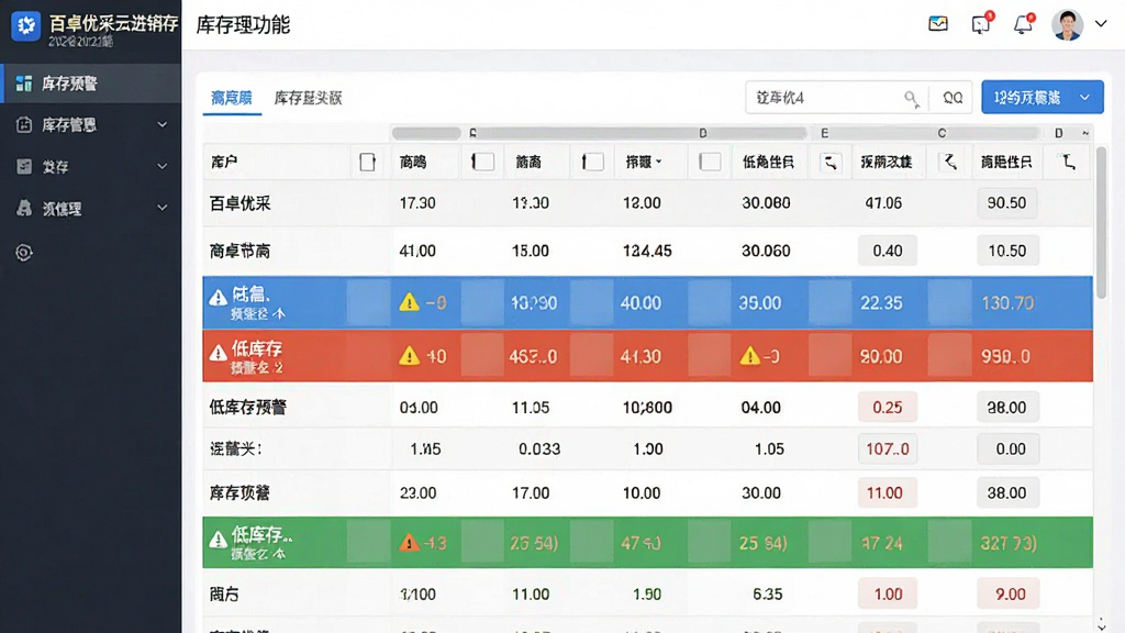 一张表现百卓优采云进销存2022版库存预警功能的场景图,主体为软件界面中库存列表页面,部分商品行用醒目的颜色标记出低库存预警状态,布局为全屏表格形式,排版中表头清晰、数据行对齐,风格为扁平化数据管理界面,细节上预警图标与数字对比明显,画质高清,画面干净,无多余装饰元素